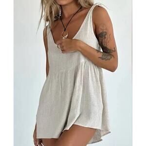 Princess Polly Linen Blend Babydoll Tie Strap Romper Cream Tan 6